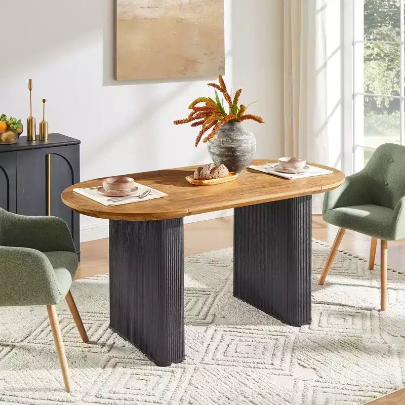 Modern Kitchen Table, 63 Fluted Oval Dining Table for 4-6, with Thickened Edge & Strip Pedestal Base, for Dining Room/Kitchen/Home Office
