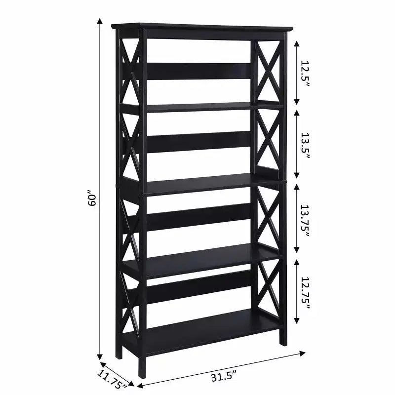 Estantería negra de 5 niveles, diseño en X, montaje para 1 persona