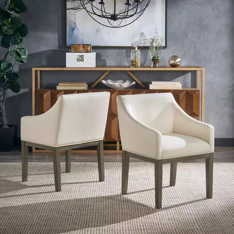 Sillas de comedor con brazos inclinados en gris desgastado y beige, juego de 2