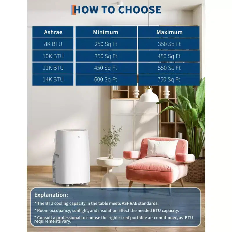 Climatiseur portable Acekool 14 000 BTU, unité de climatisation 3-en-1, rafraîchit jusqu'à 70 m², télécommande, minuterie, blanc