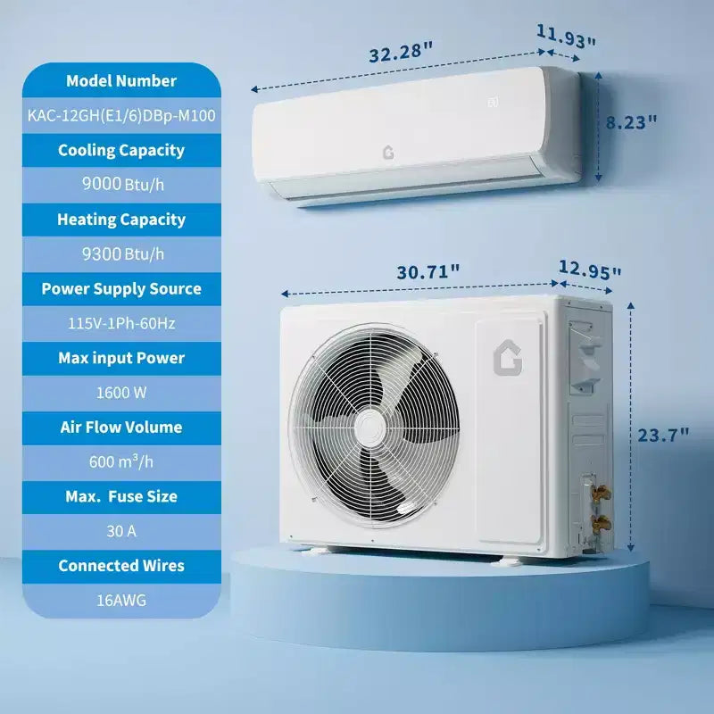 Acekool Climatiseur Mini Split 9000 BTU 19 SEER2, Pompe à Chaleur Inverter Ultra-Silencieuse, 115V, Blanc, Tuyauterie de 3m