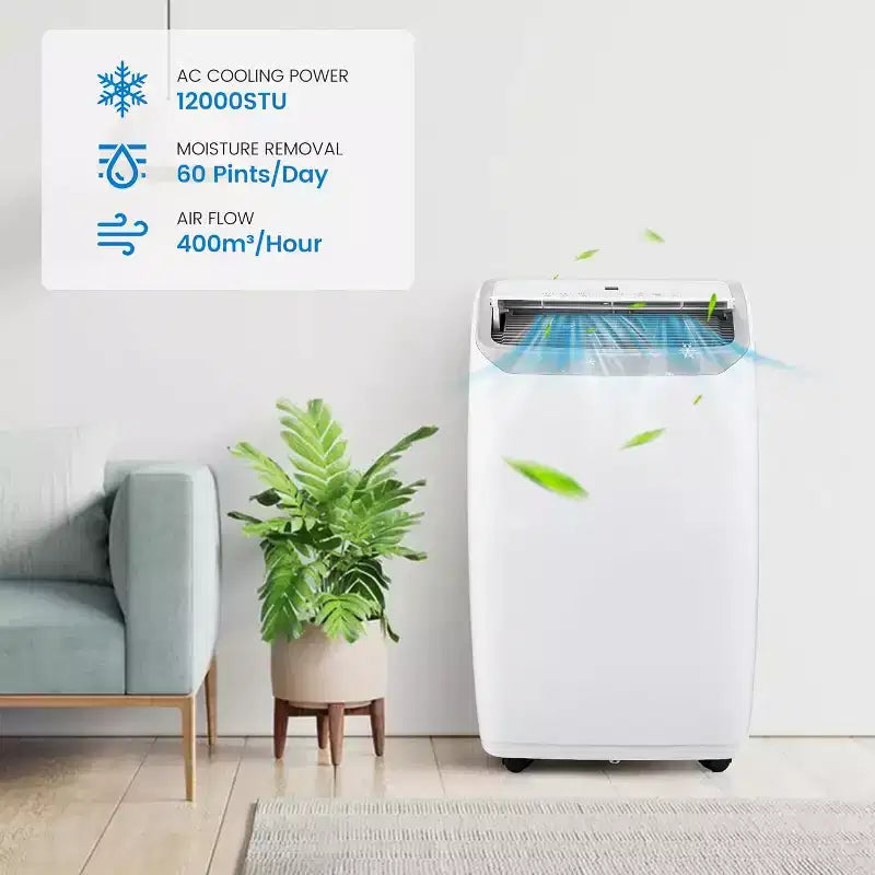 Climatiseur portable GustoWave 12000 BTU 3-en-1 avec refroidissement, vitesses multiples, mode veille, oscillation automatique, télécommande