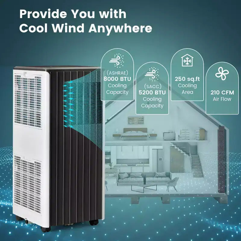 Climatiseur portable Costway 8000 BTU ASHRAE 3-en-1 avec fonctions froid, déshumidificateur, ventilateur et mode nuit