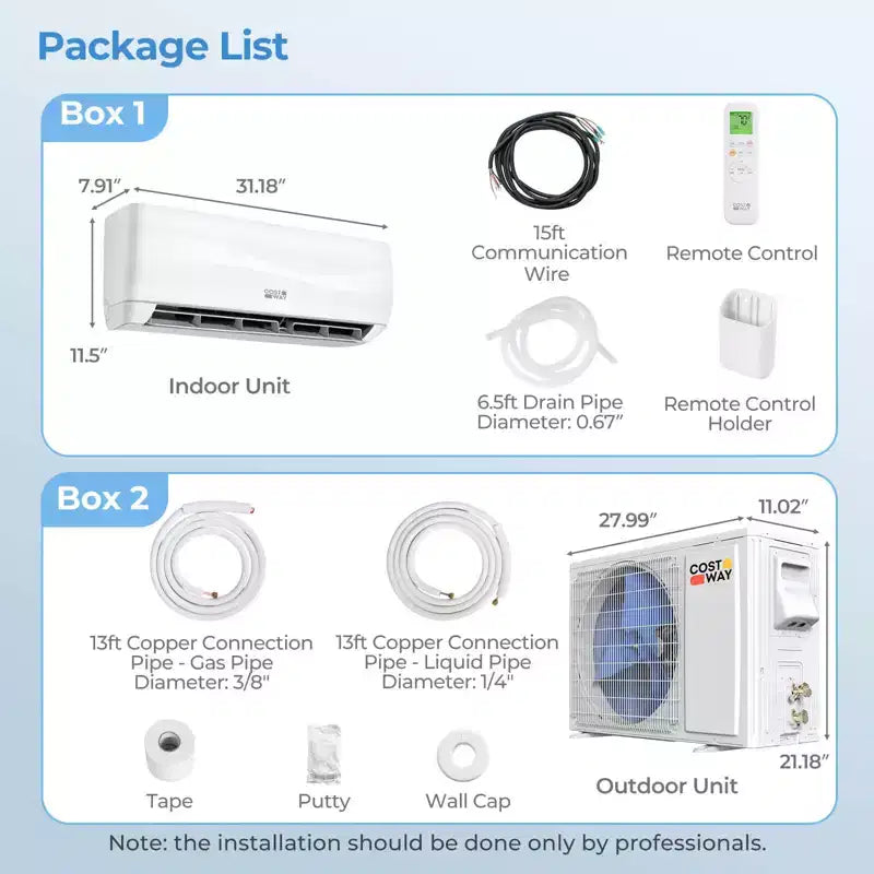 Climatiseur et Chauffage Mini Split Costway 12000 BTU avec Pompe à Chaleur, Kit d'Installation Complet