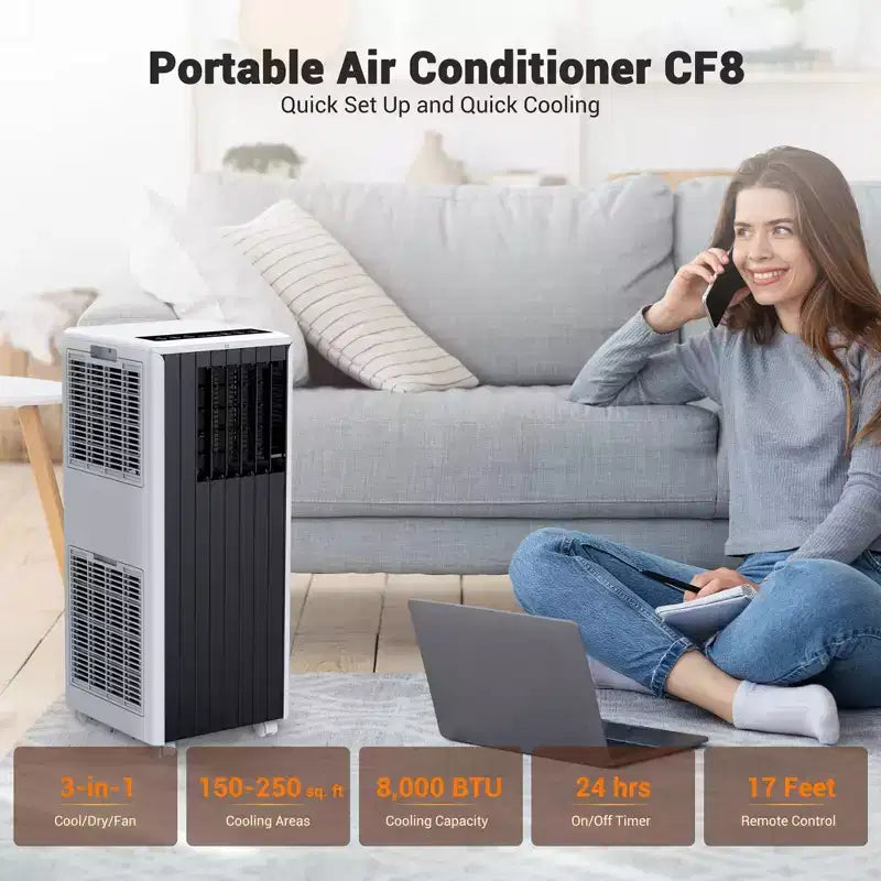 Climatiseur portable Garvee 8000 BTU, 3-en-1 CA avec refroidissement/déshumidificateur/ventilateur, télécommande, minuterie 24h, refroidit 33 m²