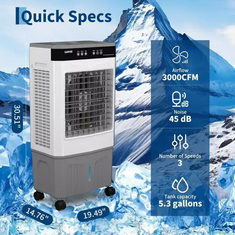 Refroidisseur d'air évaporatif avec réservoir d'eau de 20 litres, 4 pains de glace, 3 vitesses, oscillation à 120°, télécommande et minuterie, 80 W, portable sur pied