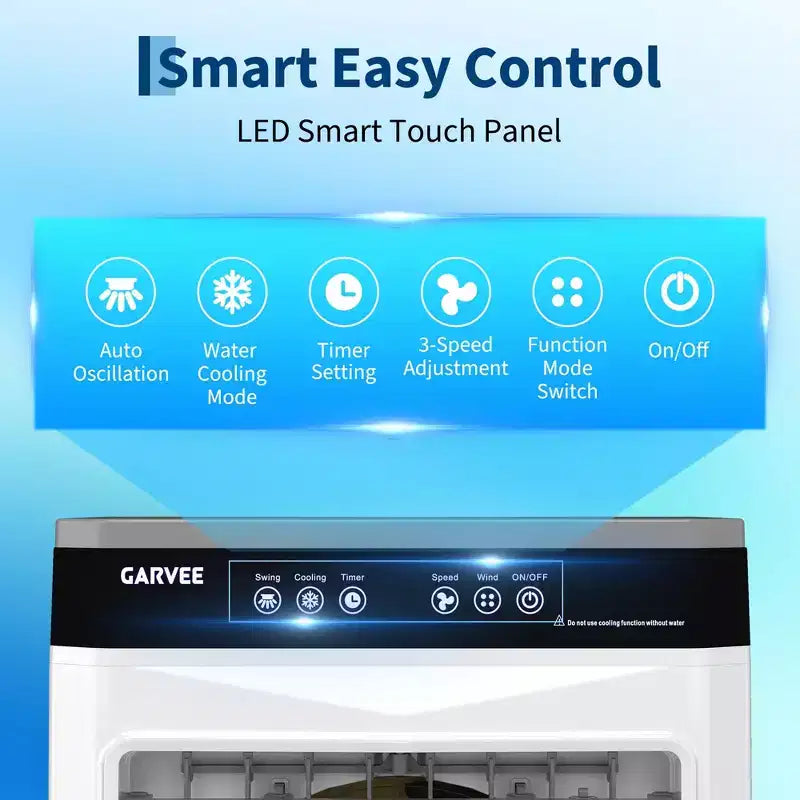 Refroidisseur d'air évaporatif avec réservoir d'eau de 20 litres, 4 pains de glace, 3 vitesses, oscillation à 120°, télécommande et minuterie, 80 W, portable sur pied