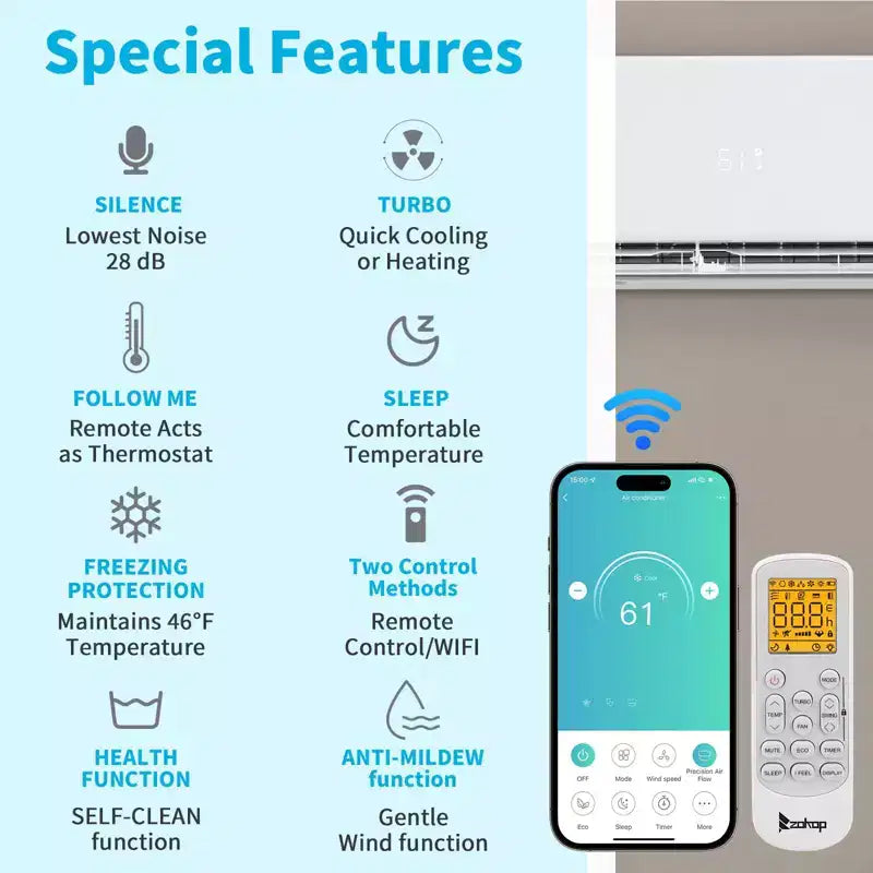 Climatiseur mural sans conduit Karl Home 20 SEER2 12 000 BTU 1 tonne avec pompe à chaleur 115 V