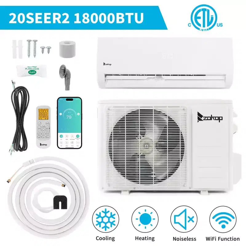 Climatiseur bibloc sans conduit avec pompe à chaleur Karl Home 20 SEER2, 18 000 BTU, 1,5 tonne, 208/230 V