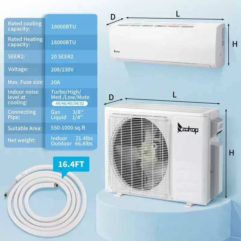 Climatiseur bibloc sans conduit avec pompe à chaleur Karl Home 20 SEER2, 18 000 BTU, 1,5 tonne, 208/230 V