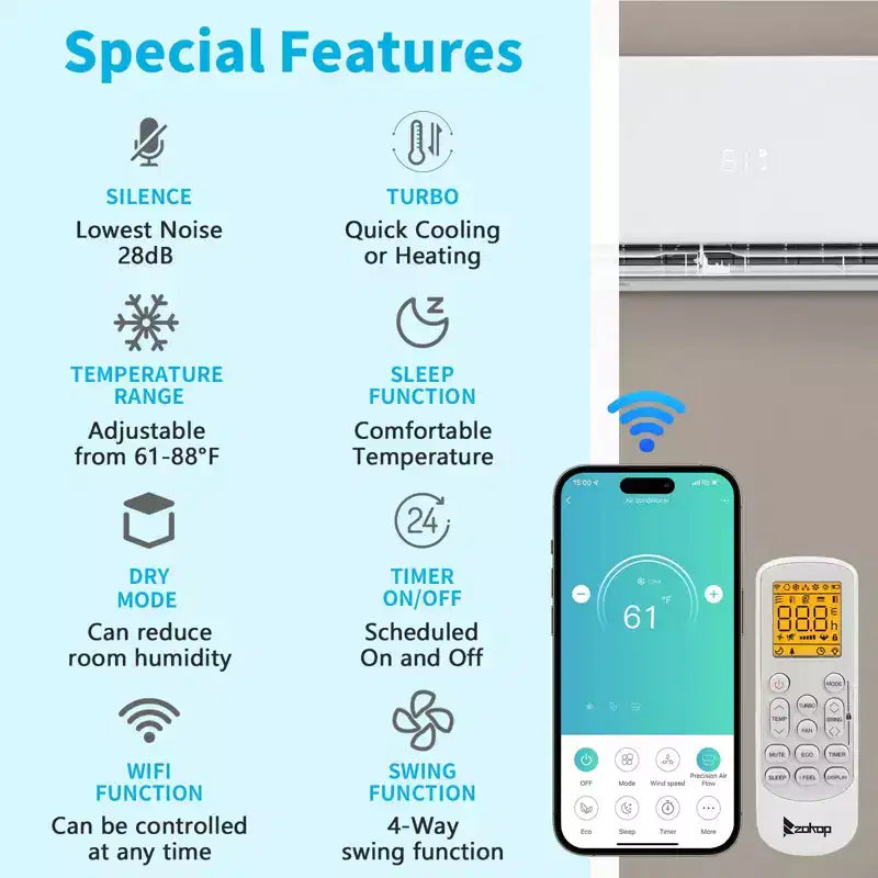Climatiseur mini-split 3 zones Karl Home 38000 BTU 20 SEER2 avec pompe à chaleur (9K+9K+18K)