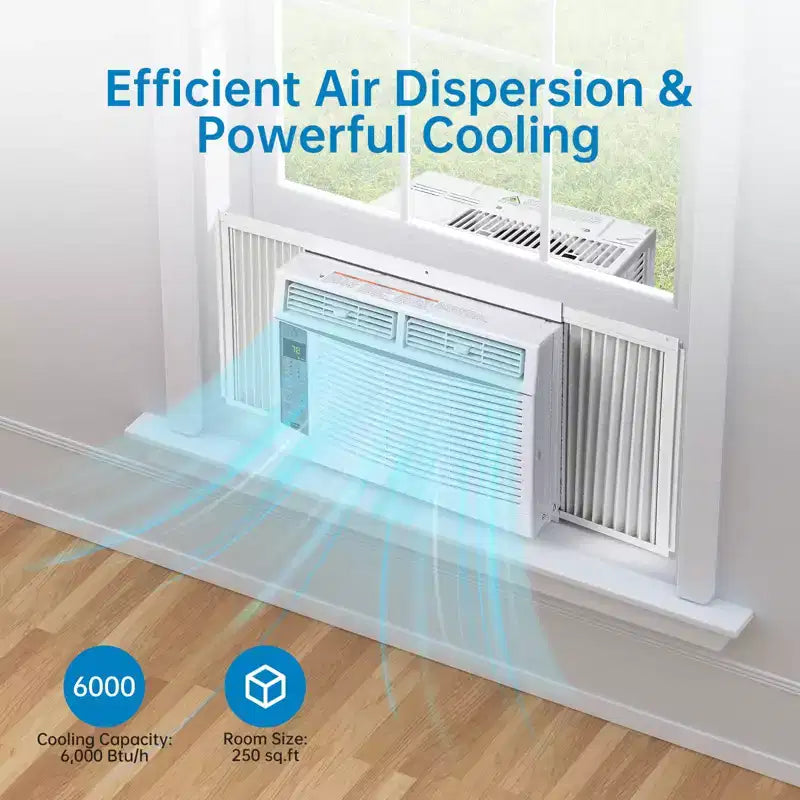 Climatiseur de fenêtre 6 000 BTU, Refroidissement rapide turbo jusqu'à 23 m². Ouverture de fenêtre flexible (conception en T), Climatiseur de fenêtre avec télécommande et contrôle par application