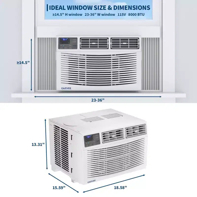 Climatiseur de fenêtre 8000 BTU avec télécommande, refroidit les pièces jusqu'à 32,5 m², 3 vitesses de refroidissement et de ventilation, fonctionnement silencieux, affichage numérique