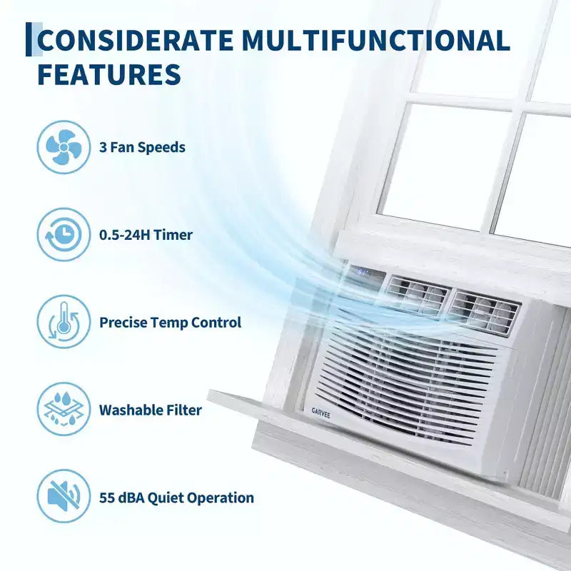 Climatiseur de fenêtre 8000 BTU avec télécommande, refroidit les pièces jusqu'à 32,5 m², 3 vitesses de refroidissement et de ventilation, fonctionnement silencieux, affichage numérique