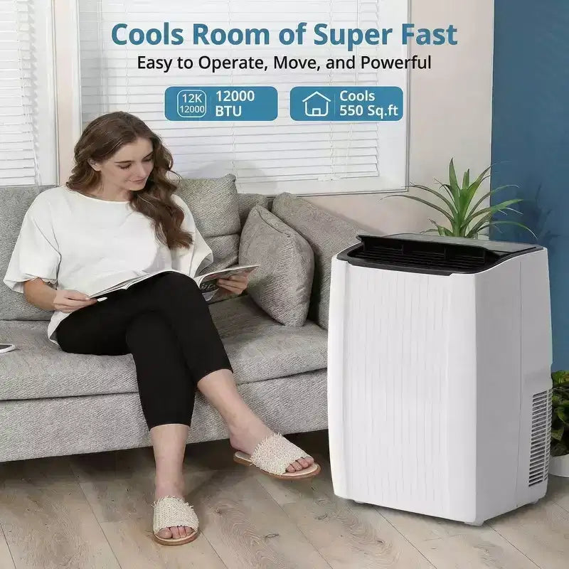 Climatiseur portable, unité de climatisation portable 5-en-1 de 12 000 BTU, ventilateur et mode déshumidificateur, télécommande, jusqu'à 51 m²