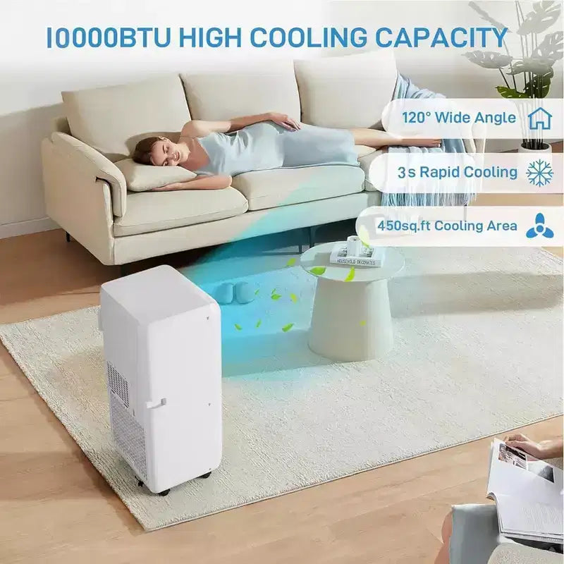 Climatiseur portable 10 000 BTU 3-en-1 avec télécommande, mode silencieux, déshumidificateur et ventilateur pour pièces de 42 m² avec minuterie 24h et kit fenêtre