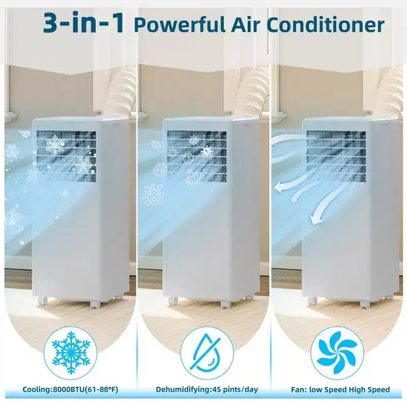 Climatiseur portable 8 000 BTU - Climatiseur 3-en-1 pour pièces jusqu'à 32,5 m² avec télécommande et kit fenêtre