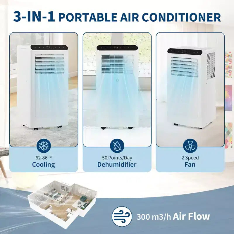 Climatiseur portable 8 000 BTU 3-en-1 (1 unité) pour pièces jusqu'à 32,5 m² | Design compact avec kit fenêtre et minuterie 24h