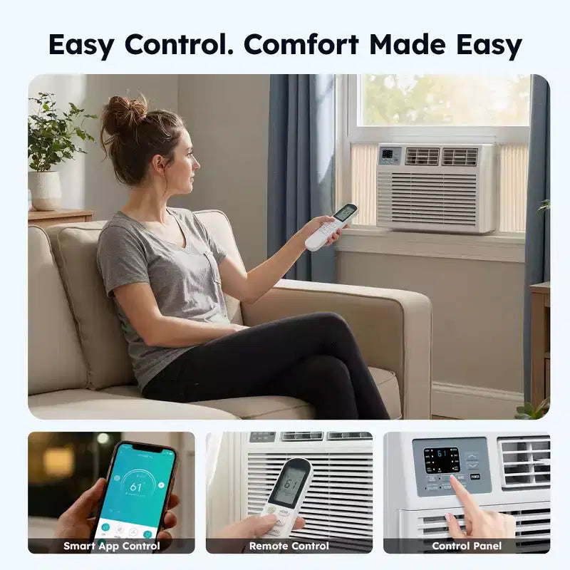 Climatiseur de fenêtre intelligent Simzlife 10000 BTU, climatiseur 3-en-1 pour 42 m², contrôle par application, installation facile, économe en énergie et silencieux, blanc