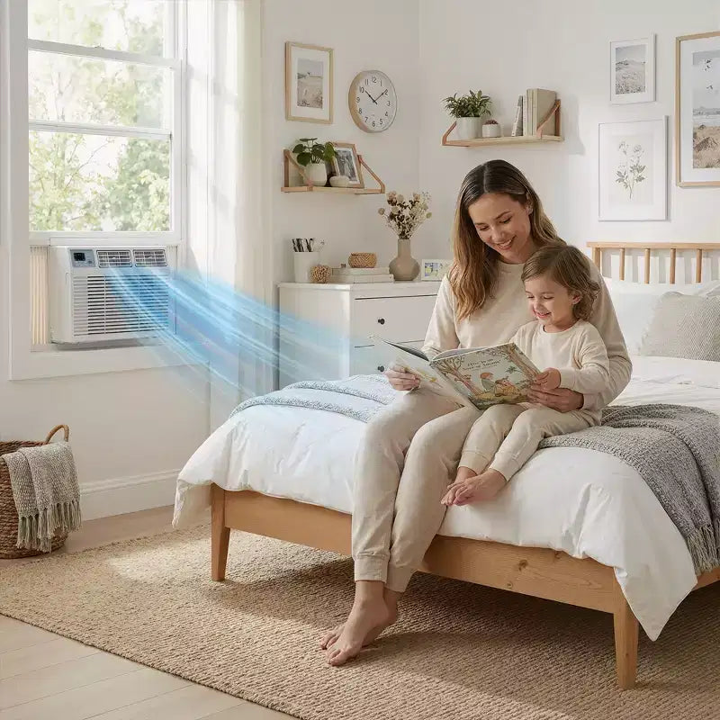 Climatiseur de fenêtre intelligent Simzlife 10000 BTU, climatiseur 3-en-1 pour 42 m², contrôle par application, installation facile, économe en énergie et silencieux, blanc