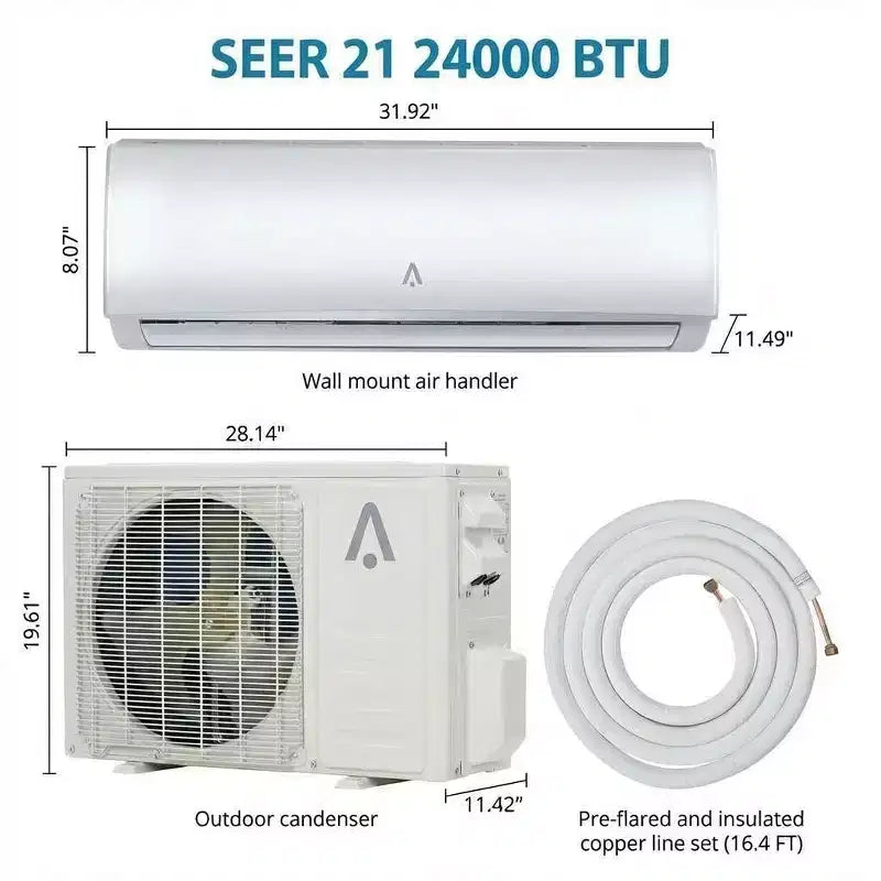 Climatiseur mini-split 9 000 BTU, mural 19 SEER2 avec pompe à chaleur et kits d'installation, refroidit jusqu'à 42 m², Wi-Fi et télécommande, 115 V