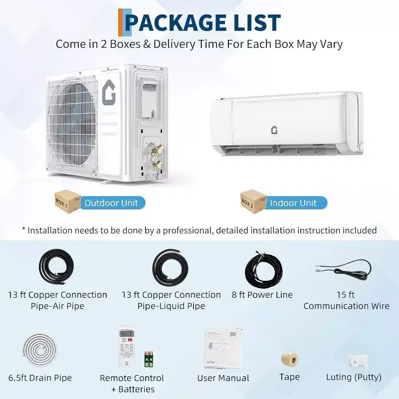 Climatiseur mini-split 9 000 BTU, mural 19 SEER2 avec pompe à chaleur et kits d'installation, refroidit jusqu'à 42 m², Wi-Fi et télécommande, 115 V