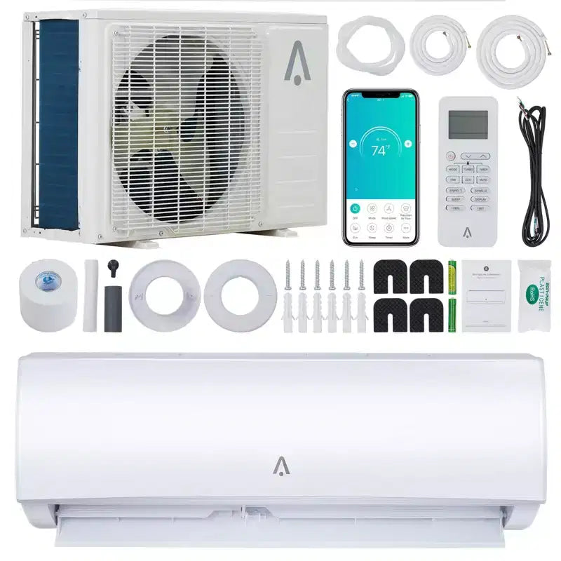 Climatiseur mini-split 9 000 BTU, mural 19 SEER2 avec pompe à chaleur et kits d'installation, refroidit jusqu'à 42 m², Wi-Fi et télécommande, 115 V