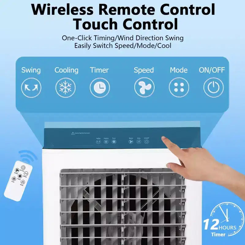 Refroidisseur par évaporation portable avec oscillation à 120°, 3 modes et vitesses, ventilateur de refroidissement par eau pour patio intérieur/extérieur, garage et usage commercial