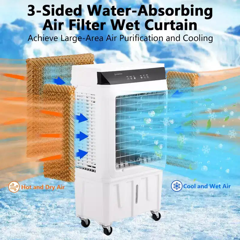 Refroidisseur par évaporation portable avec oscillation à 120°, 3 modes et vitesses, ventilateur de refroidissement par eau pour patio intérieur/extérieur, garage et usage commercial