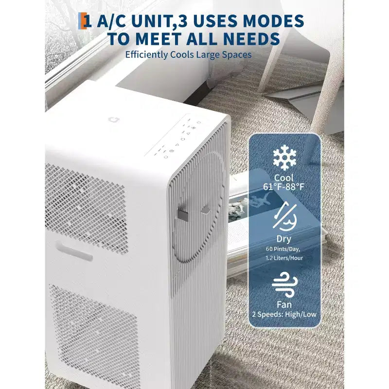 10,000 BTU 3-in-1 Portable Air Conditioner(14.2 x 13.8 x 27.6 in)  White,1 Unit,Ultra Quiet 49dB for Bedroom,Dorm,with Window Kit & Remote Control