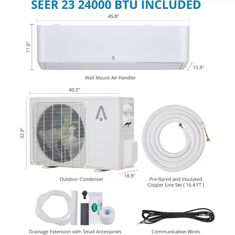 Climatiseur/Thermopompe Mini Split 24 000 BTU 23 SEER2 - Intelligent WiFi, Mural, Blanc, Refroidit/Chauffe 139 m², Comprend un kit de tuyaux en cuivre de 4,8 m