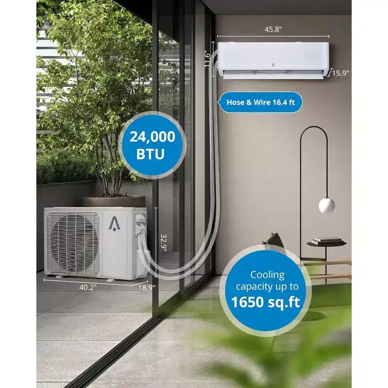 Climatiseur/Thermopompe Mini Split 24 000 BTU 23 SEER2 - Intelligent WiFi, Mural, Blanc, Refroidit/Chauffe 139 m², Comprend un kit de tuyaux en cuivre de 4,8 m