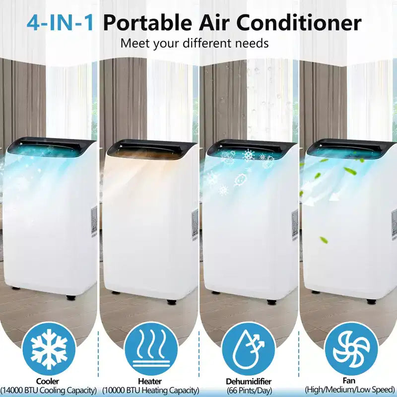 14,000 BTU Portable AC - 4-in-1 White Floor Unit (1 Pack) for Large Rooms Up to 750 Sq.Ft | Heater & Dehumidifier Included