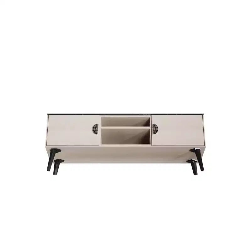 Mueble de TV de Mármol Blanco y Negro de 55" con Almacenamiento, Estilo Moderno de Mediados de Siglo