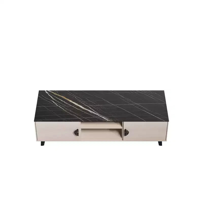 Mueble de TV de Mármol Blanco y Negro de 55" con Almacenamiento, Estilo Moderno de Mediados de Siglo