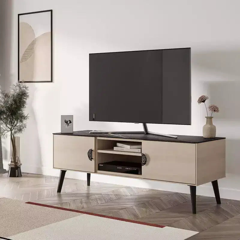 Mueble de TV de Mármol Blanco y Negro de 55" con Almacenamiento, Estilo Moderno de Mediados de Siglo
