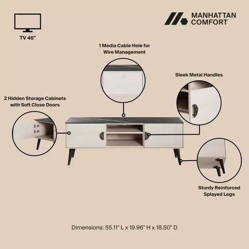 Mueble de TV de Mármol Blanco y Negro de 55" con Almacenamiento, Estilo Moderno de Mediados de Siglo