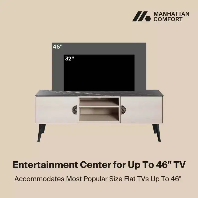 Mueble de TV de Mármol Blanco y Negro de 55" con Almacenamiento, Estilo Moderno de Mediados de Siglo
