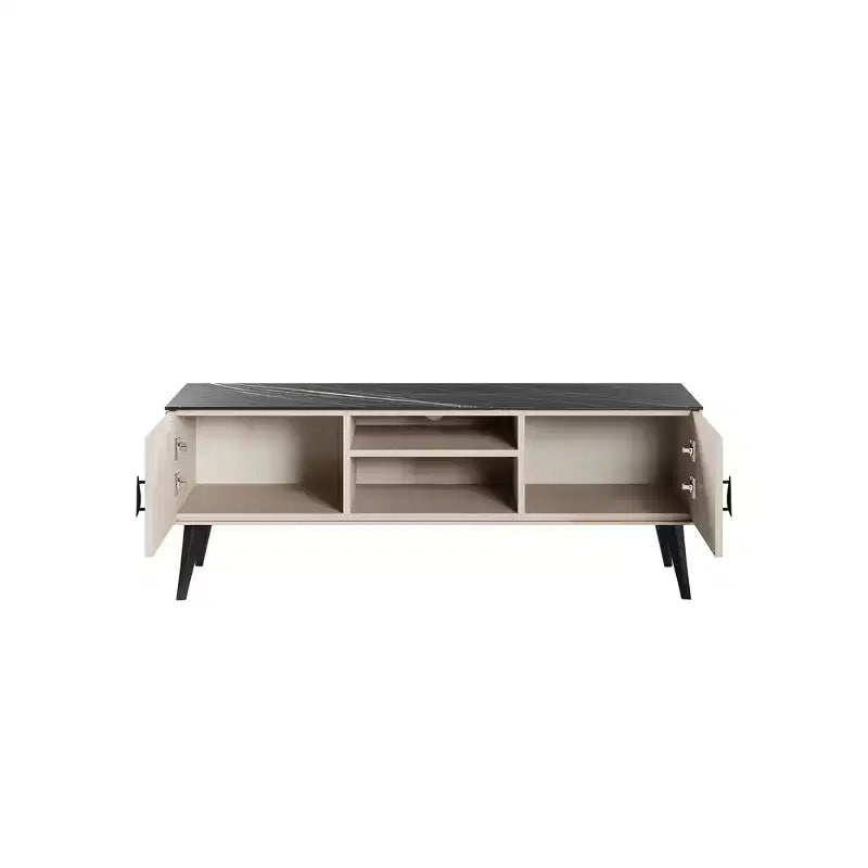Mueble de TV de Mármol Blanco y Negro de 55" con Almacenamiento, Estilo Moderno de Mediados de Siglo