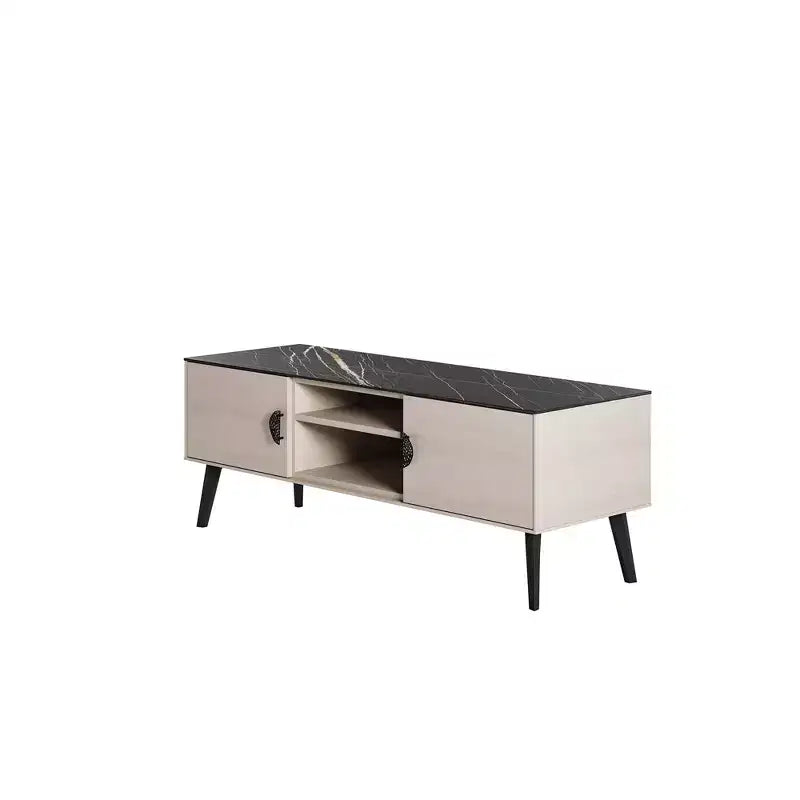 Mueble de TV de Mármol Blanco y Negro de 55" con Almacenamiento, Estilo Moderno de Mediados de Siglo