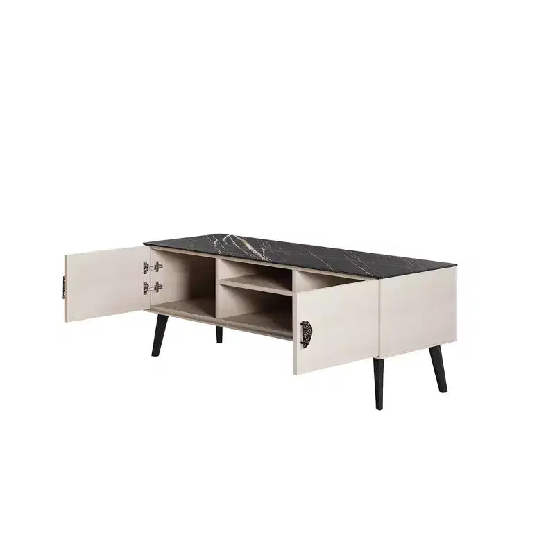 Mueble de TV de Mármol Blanco y Negro de 55" con Almacenamiento, Estilo Moderno de Mediados de Siglo