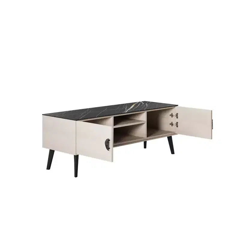 Mueble de TV de Mármol Blanco y Negro de 55" con Almacenamiento, Estilo Moderno de Mediados de Siglo
