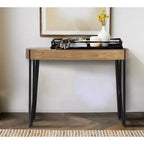 Mesa de centro de madera marrón y negra con patas de horquilla de hierro (requiere montaje de 1 persona)