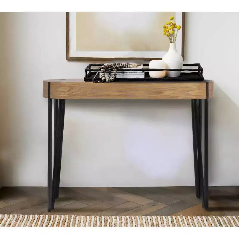 Mesa de centro de madera marrón y negra con patas de horquilla de hierro (requiere montaje de 1 persona)