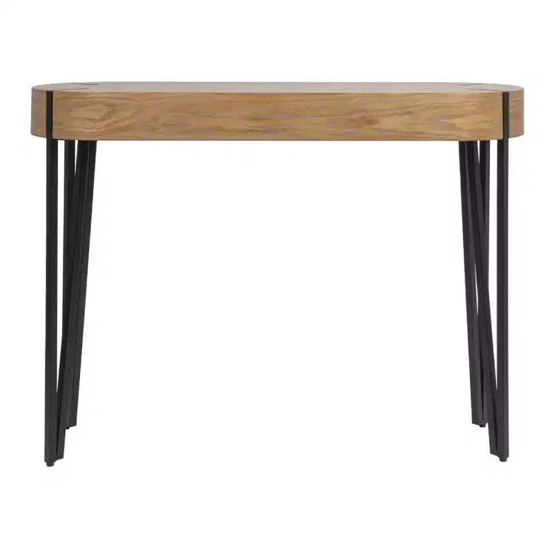 Mesa de centro de madera marrón y negra con patas de horquilla de hierro (requiere montaje de 1 persona)