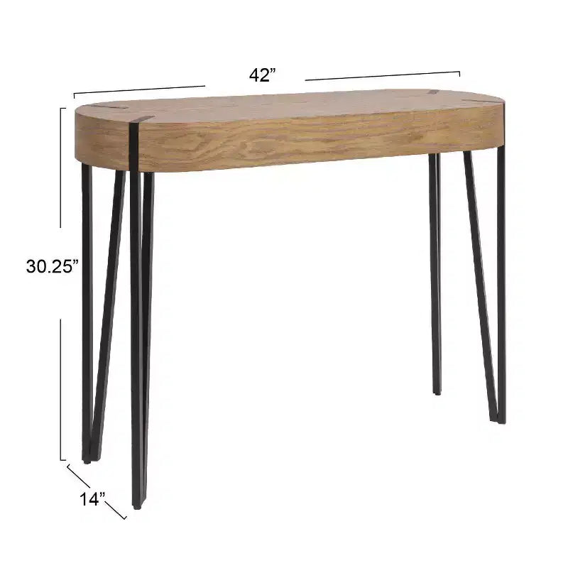 Mesa de centro de madera marrón y negra con patas de horquilla de hierro (requiere montaje de 1 persona)