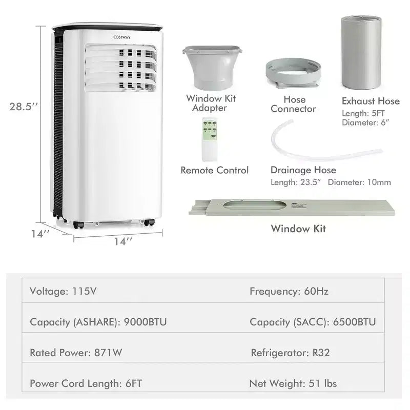 Costway 6500 BTU (9000 BTU ASHRAE) Refroidisseur d'air 3 en 1 Climatiseur Portable avec Ventilateur et Déshumidificateur
