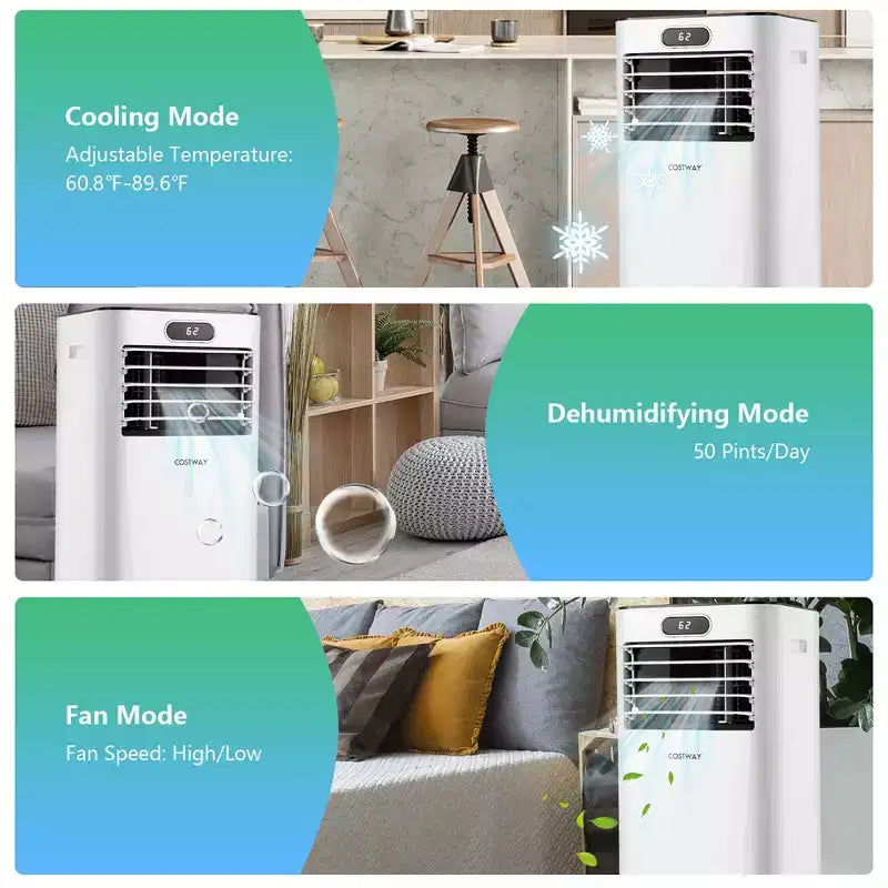 Climatiseur portable Costway 6000 BTU (10000 BTU ASHRAE) avec télécommande, refroidisseur d'air 3-en-1 avec fonction de déshumidification