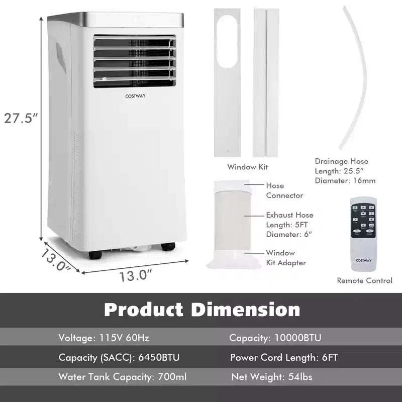 Climatiseur portable Costway 8000 BTU/10000 BTU ASHRAE 3-en-1 avec télécommande