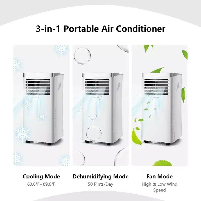 Climatiseur portable Costway 8000 BTU/10000 BTU ASHRAE 3-en-1 avec télécommande
